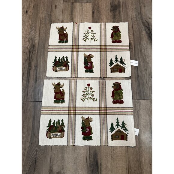 Set Of 2 St. Nicholas Square Cotton Festive Moose & Tree Placemats - Picture 2 of 12